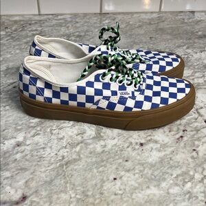 Vans White and Blue Checkered Shoes with Brown Sole
